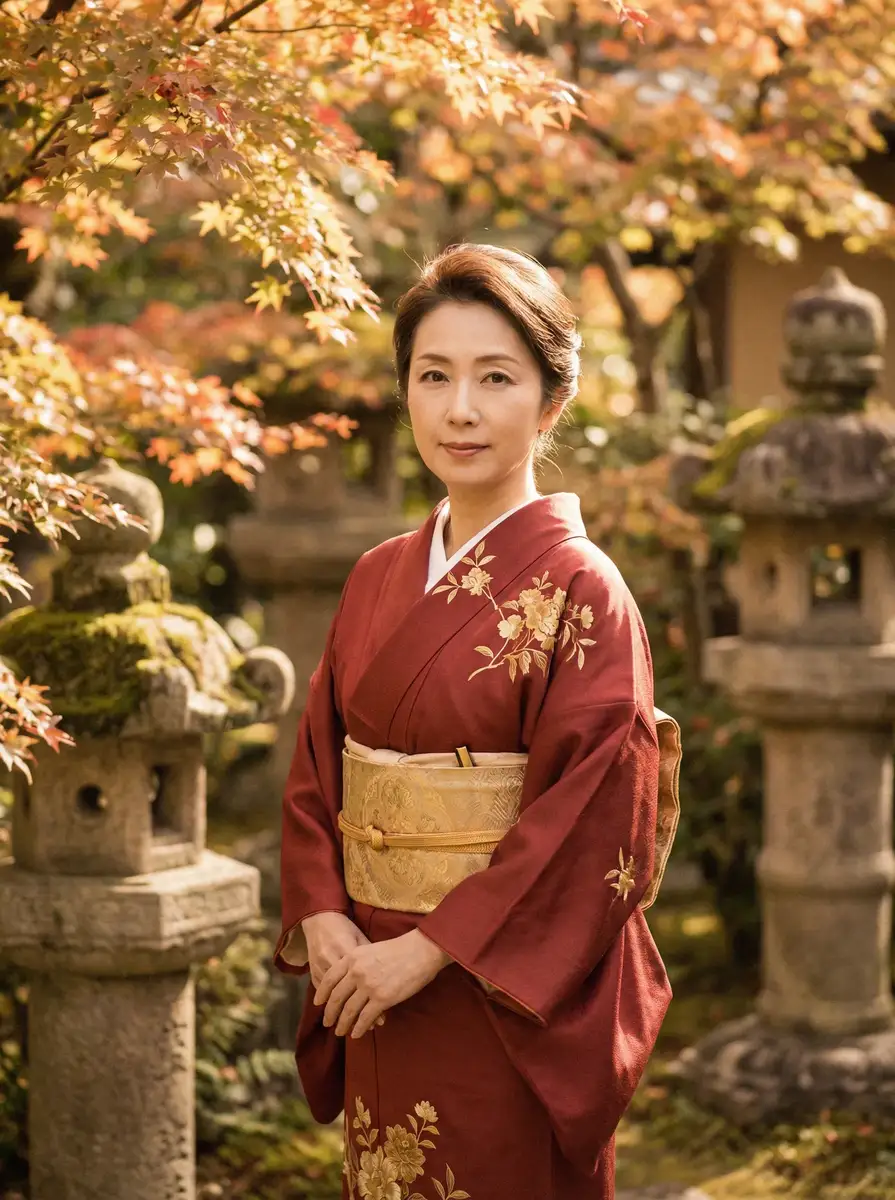一位身穿暗红色和服的优雅 杏彩体育官网 在日式庭院中