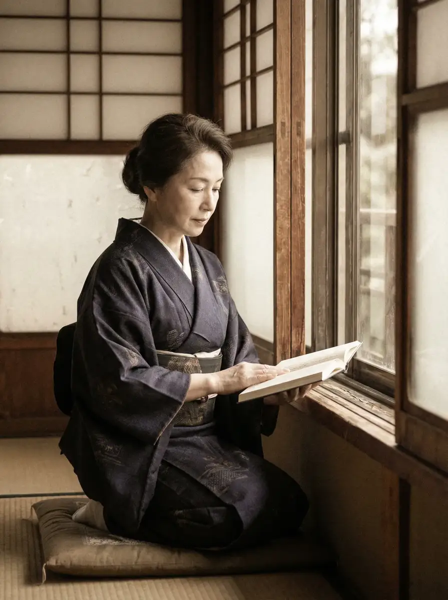 一位优雅的五十岁 杏彩体育官网 身穿深蓝色和服，在窗边静读